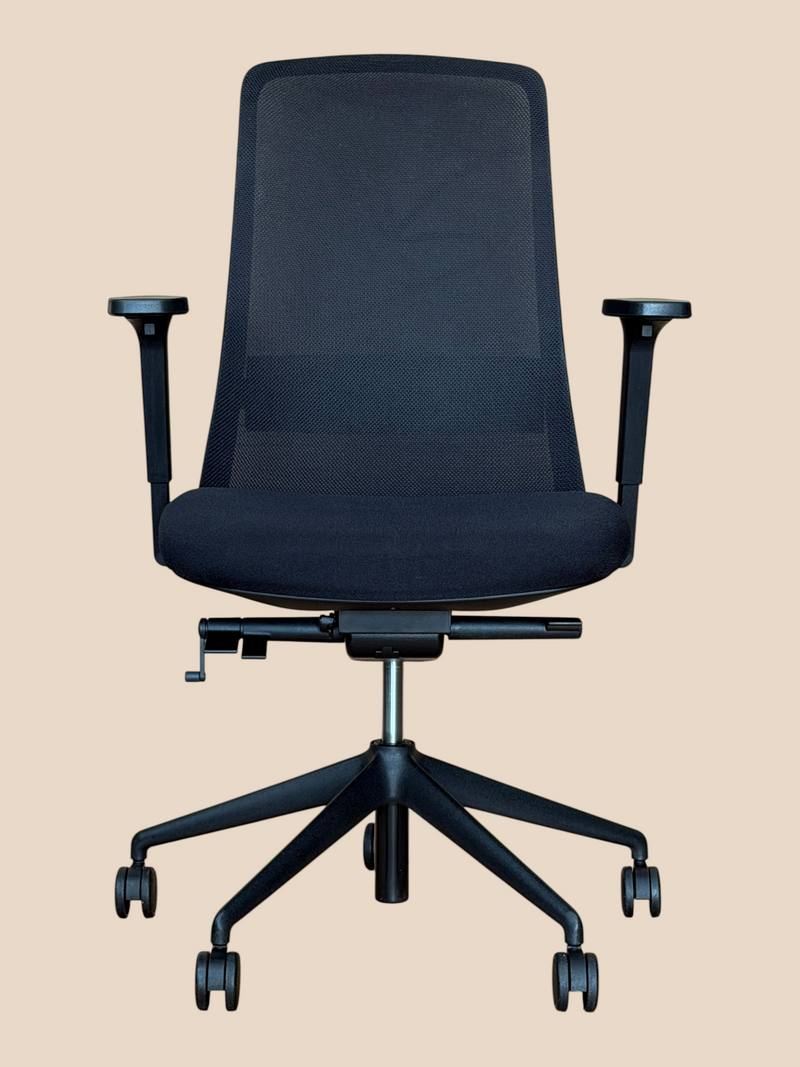 Refurbished black mesh ergonomic task chair front view