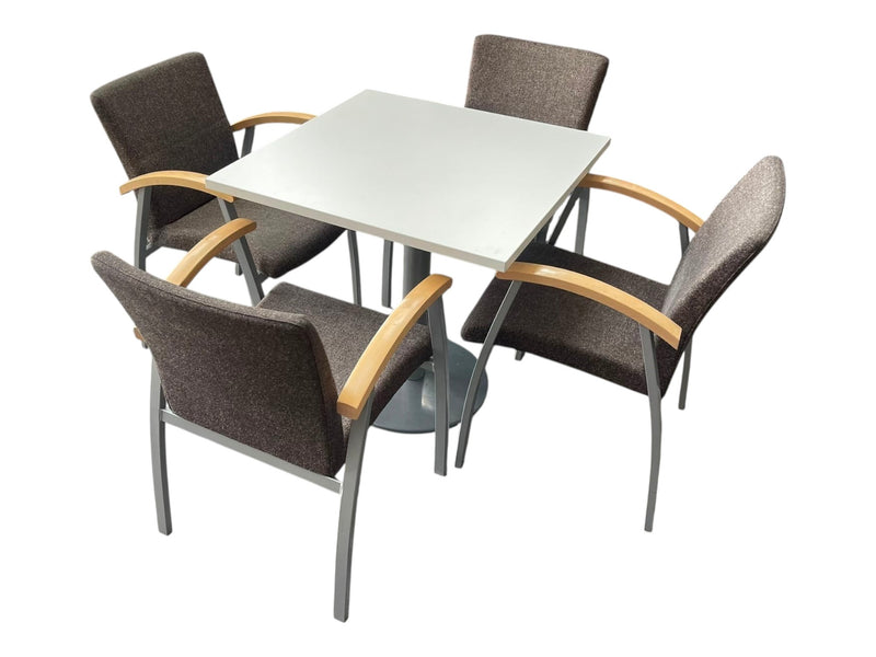 Refurbished square meeting table with four Kinnarps fabric chairs – front angle