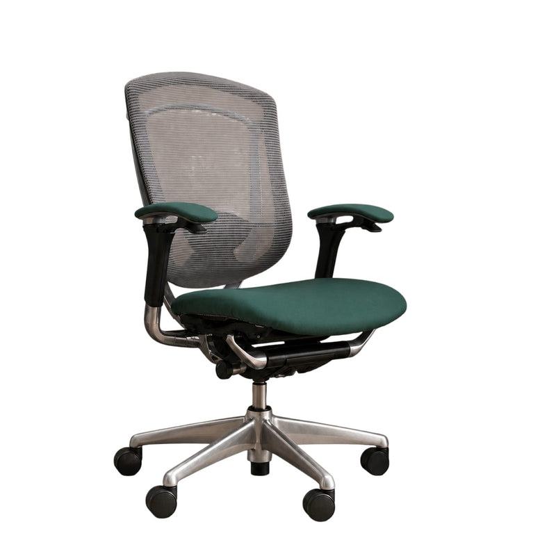 Refurbished Okamura Contessa ergonomic office chair reupholstered in green fabric – front view
