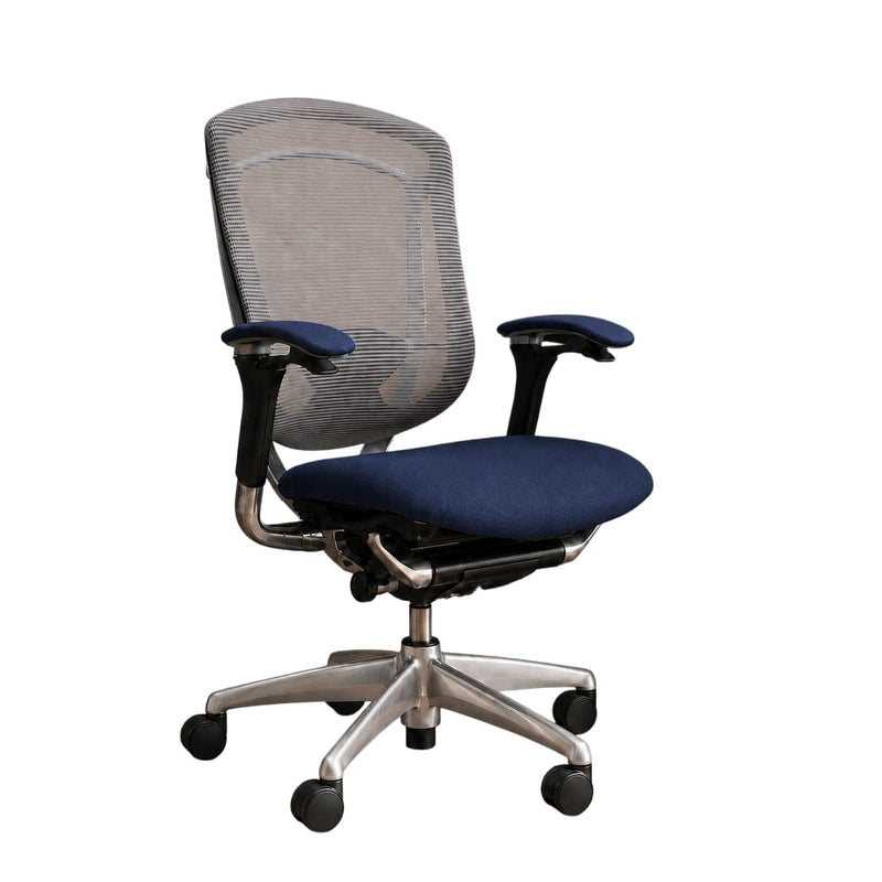 Refurbished Okamura Contessa ergonomic office chair upholstered in blue commercial fabric with breathable mesh back and polished aluminium frame.