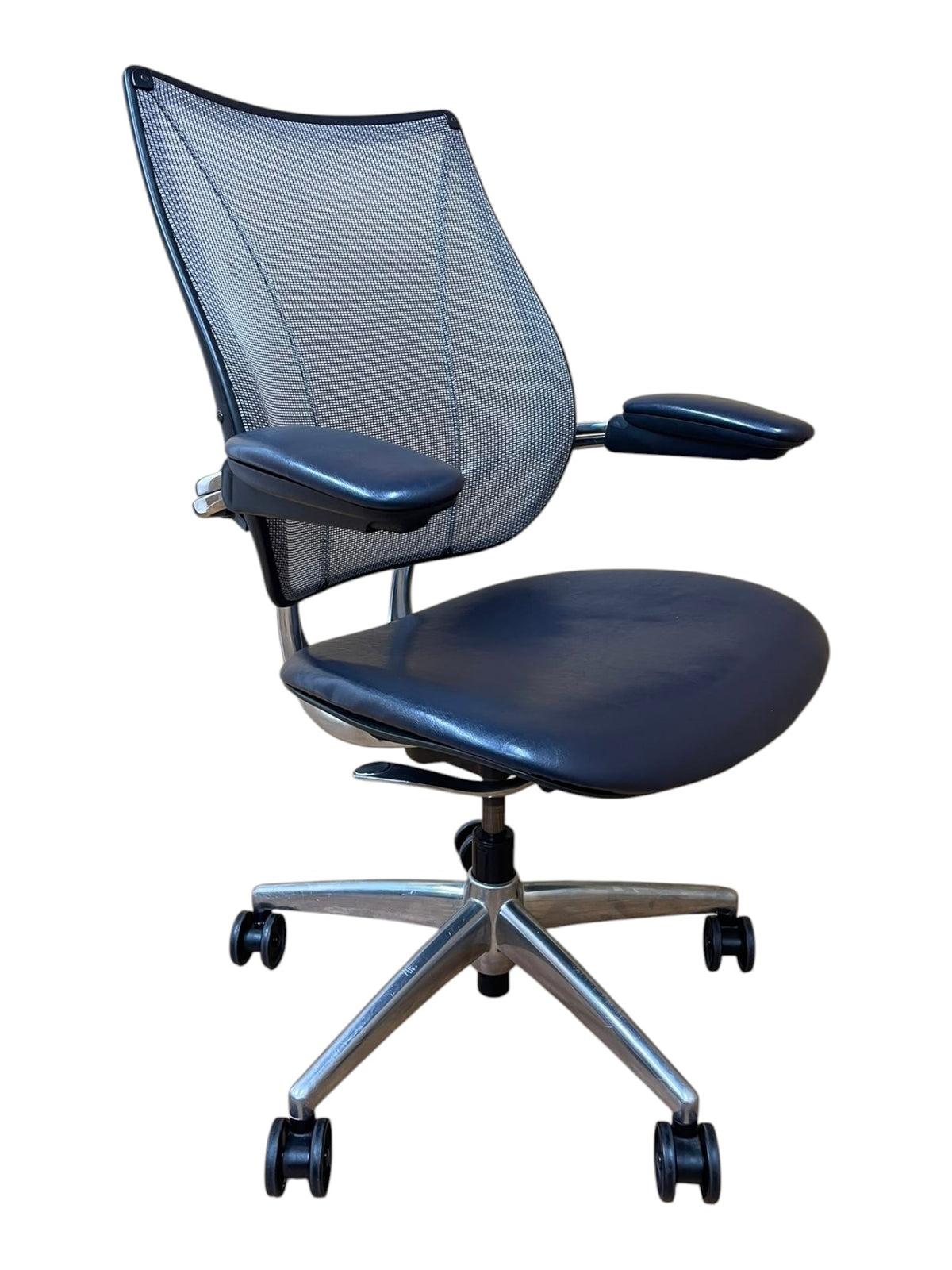 Refurbished Humanscale Liberty Mesh Chair – Navy Leather & Polished Frame