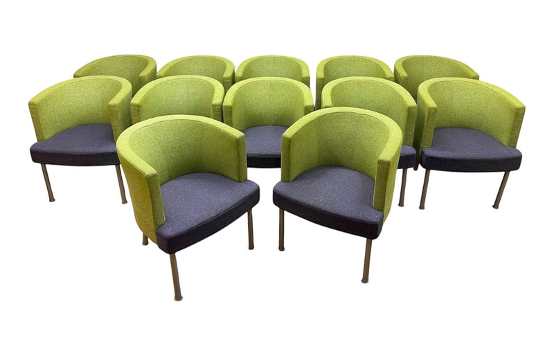 Refurbished Kinnarps Trix reception tub chairs in lime green and navy – group view
