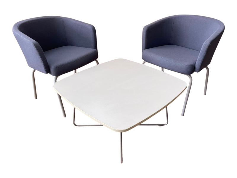 Refurbished Connection lounge set with two grey tub chairs and a white coffee table