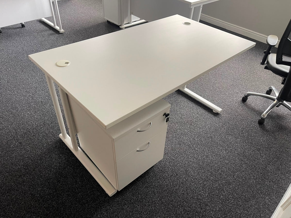 White Office Desk with Mobile Pedestal | 1400mm Workstation Desk | Refurbished Office Furniture UK