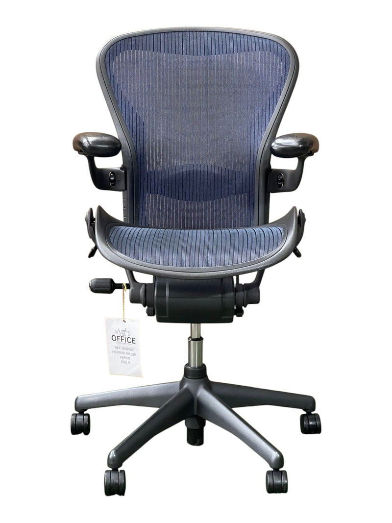 Refurbished Herman Miller Classic Aeron Size B in blue mesh front view