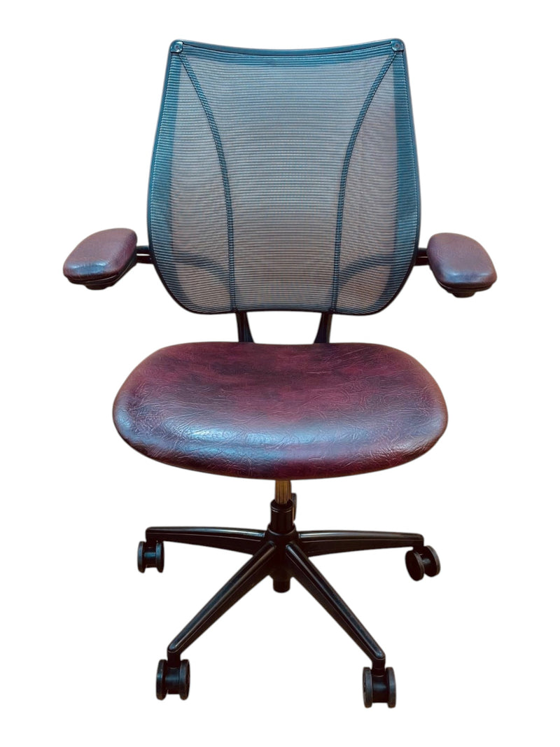 Refurbished Humanscale Liberty chair with oxblood leather seat and black mesh back front view