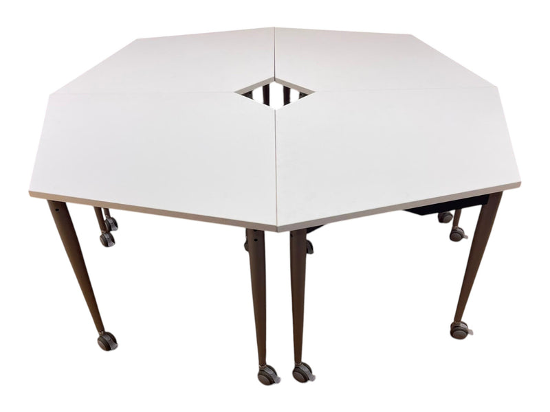 Refurbished modular white octagonal meeting table for eight people on mobile castors