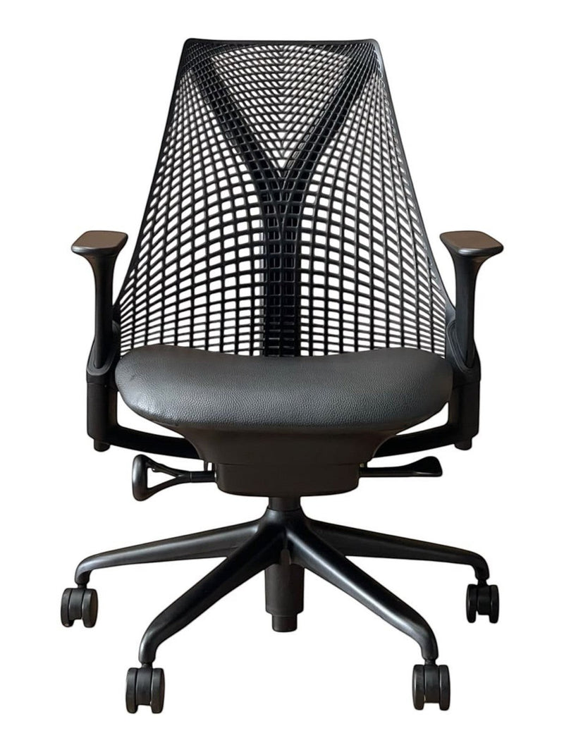 Refurbished Herman Miller Sayl black office chair with leather seat