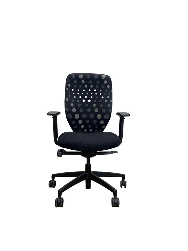 Refurbished Office Furniture black ergonomic operator task chair with adjustable height and swivel base, featuring a dotted backrest.