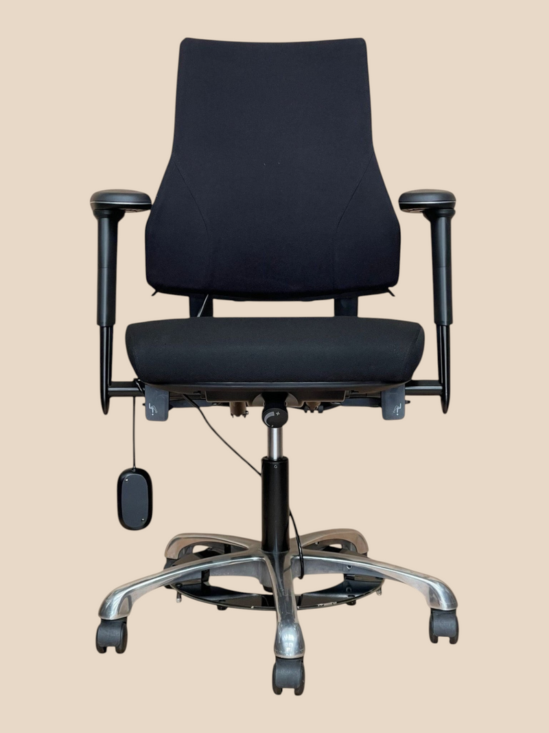 Refurbished Office Furniture BMA Axia 2.0 black ergonomic high-back chair with headrest, footring, and polished base.