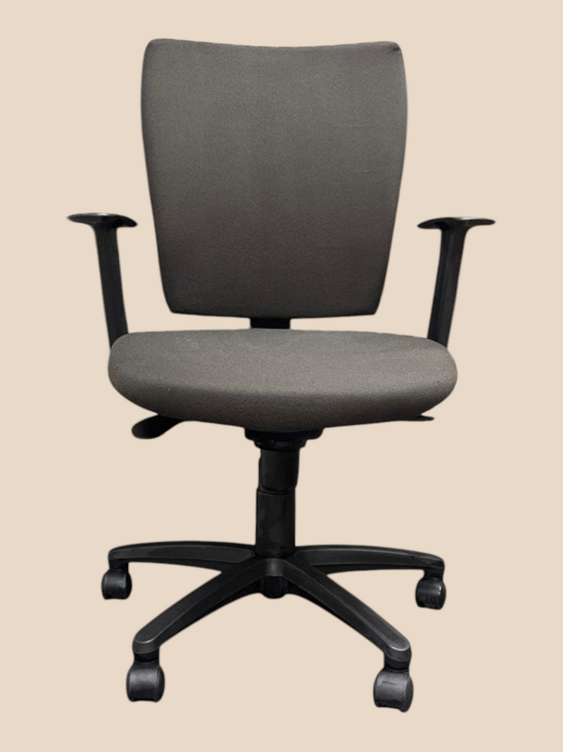 Refurbished Connection Team brown upholstered task chair with black swivel base, front view