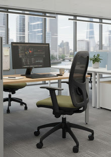 Ergonomic Mesh Back Operator Chair, Green Fabric Seat, Lumbar Support, Adjustable Arms (Refurbished) image 2