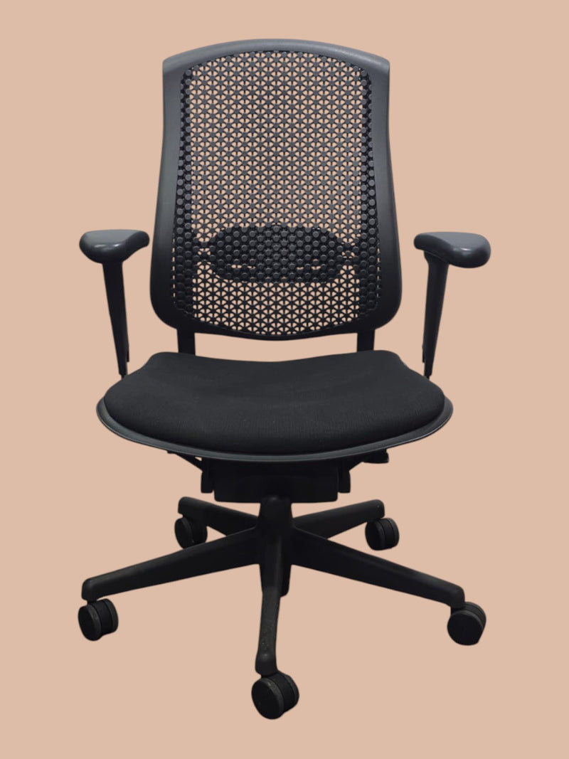 Refurbished Herman Miller Celle ergonomic chair in black, front view