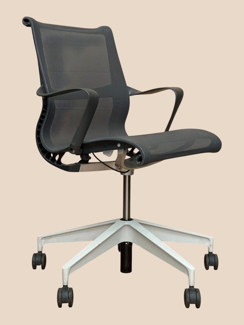 Refurbished Office Furniture Herman Miller Setu chair in graphite grey mesh with ribbon arms and silver five-star base