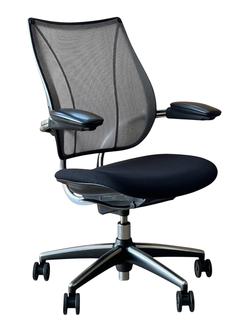 Refurbished Office Furniture Humanscale Liberty ergonomic chair with black fabric seat and polished metal frame
