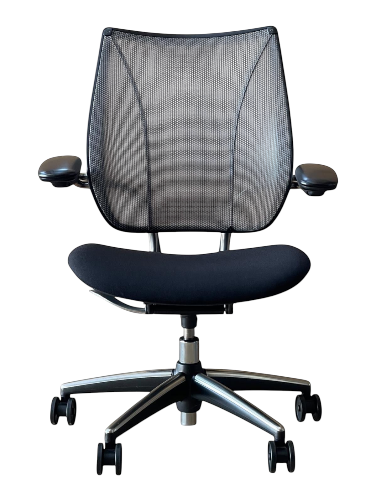 Refurbished Office Furniture Humanscale Liberty ergonomic chair with black fabric seat and tri-panel mesh back