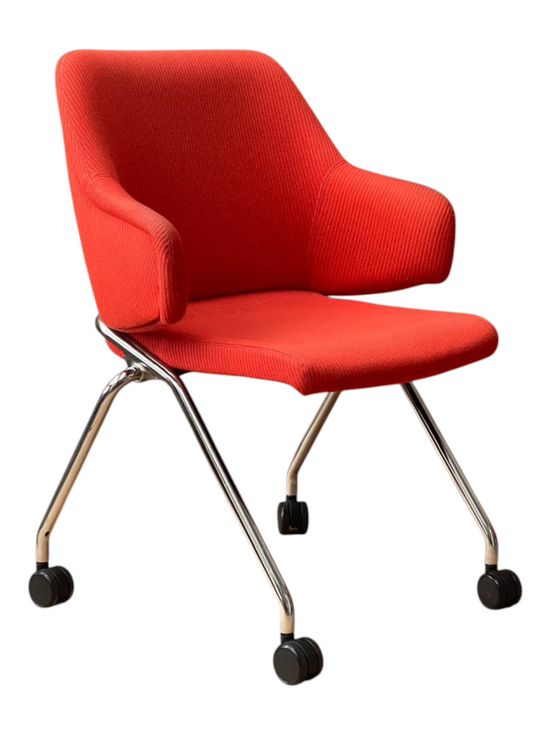 Refurbished Office Furniture red upholstered folding visitor chair with chrome frame and castors