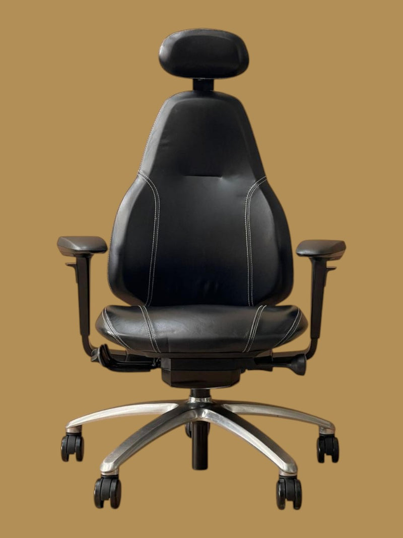 Refurbished RH Mereo 220 ergonomic chair in black genuine leather with headrest and polished base, front view