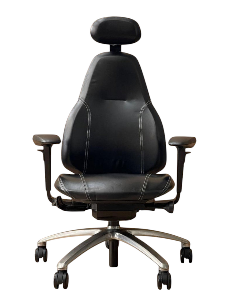 Refurbished Office Furniture RH Mereo 220 ergonomic office chair in black leather with headrest and polished base