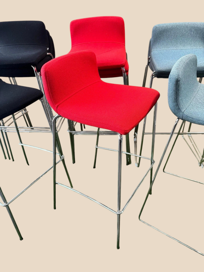 Elite Upholstered Bar Stools – Metal Four-Leg Frame – red upholstered stool in front of the group