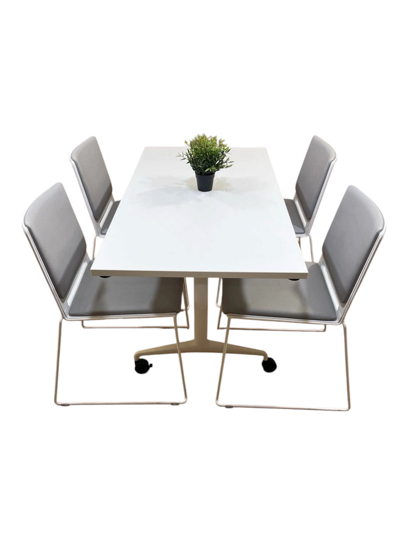 White Folding Meeting Table & 4 Upholstered Chairs – complete table and four-chair arrangement