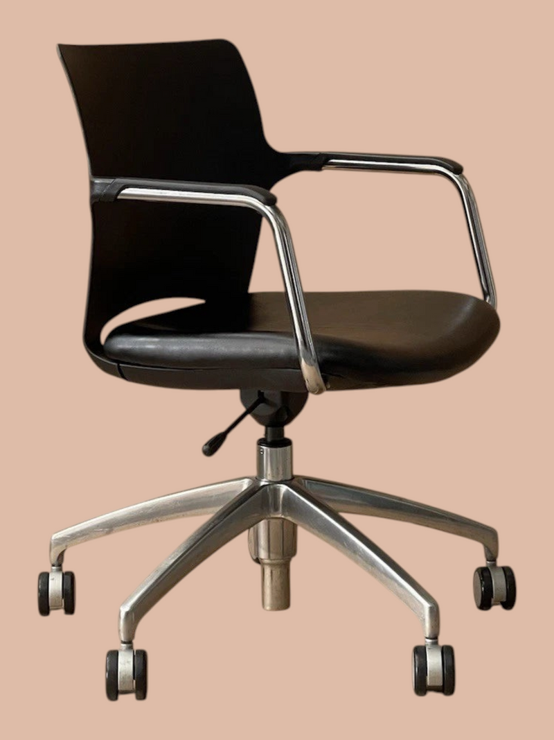 Connection Swivel Meeting Chair – Black Leather Seat – front three-quarter view